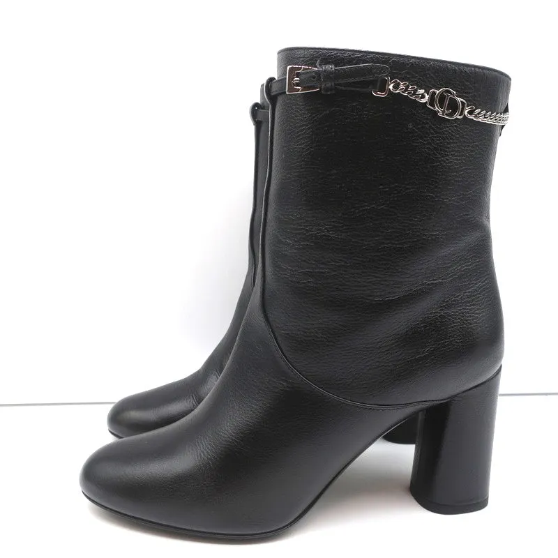 Christian Dior CD Chain Embellished Ankle Boots Black Leather Size 36 High Heel