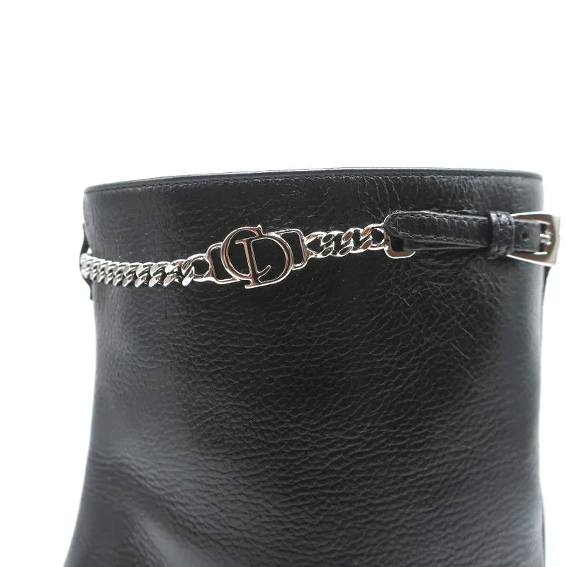 Christian Dior CD Chain Embellished Ankle Boots Black Leather Size 36 High Heel