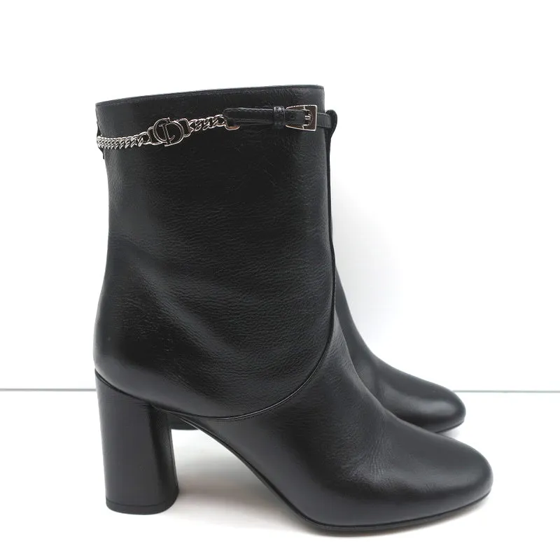 Christian Dior CD Chain Embellished Ankle Boots Black Leather Size 36 High Heel