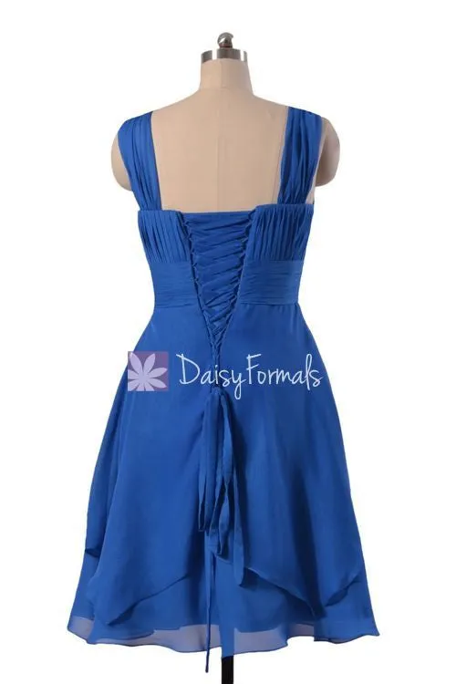 Cobalt Blue Chiffon Party Dress Knee Length Bridesmaids Dress w/Ruffles (BM915)