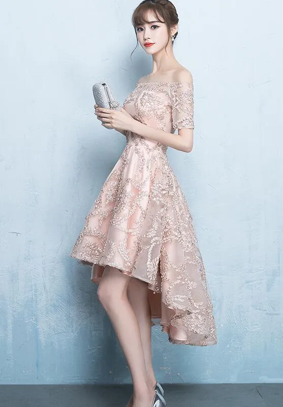 Cute High Low Lace Homecoming Dress, Off the Shoulder Party Dress