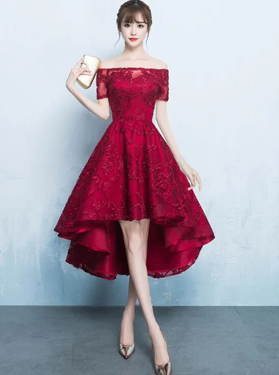 Cute High Low Lace Homecoming Dress, Off the Shoulder Party Dress