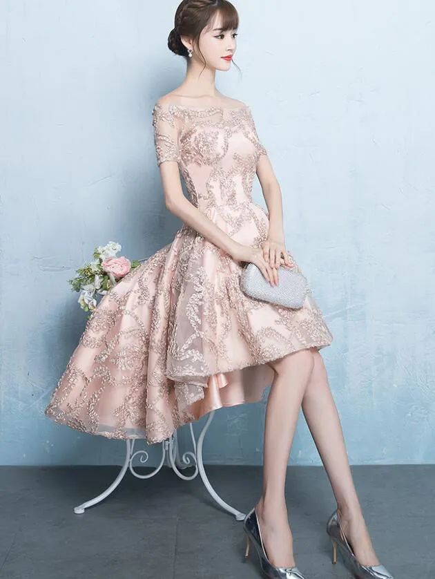 Cute High Low Lace Homecoming Dress, Off the Shoulder Party Dress