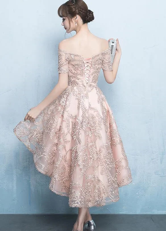 Cute High Low Lace Homecoming Dress, Off the Shoulder Party Dress
