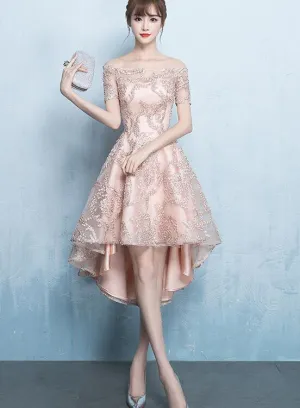 Cute High Low Lace Homecoming Dress, Off the Shoulder Party Dress