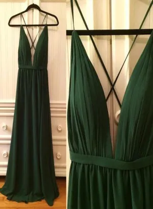 Dark Green Deep V-neckline Chiffon Cross Back Long Party Dresses, Sexy Formal Gowns