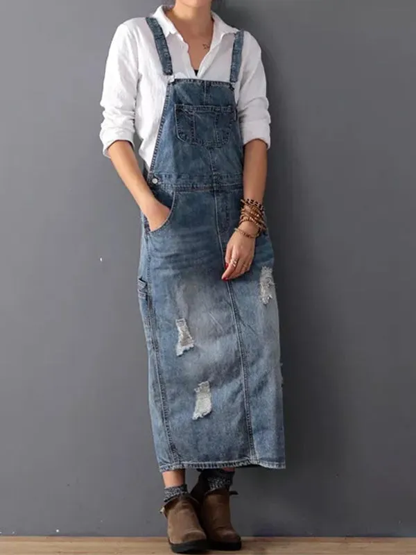 Denim Overall Dress | Distressed | Casual & Trendy