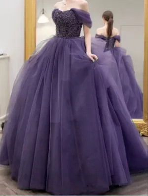 Dusty Purple Beaded Tulle Off The Shoulder Ball Gown Dresses NX1756