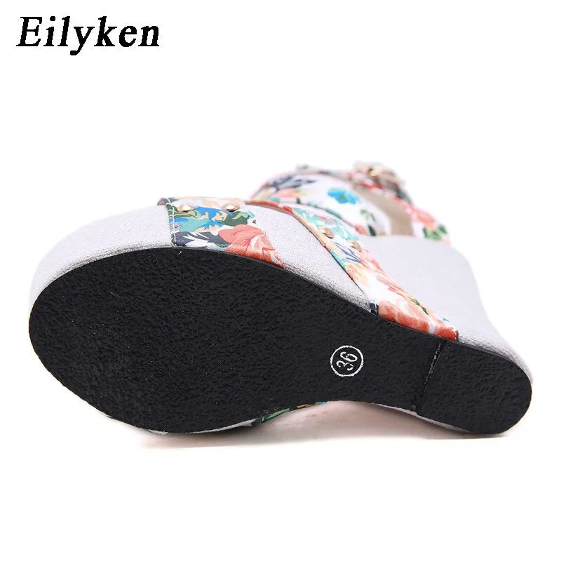 Eilyken Summer Fashion Peep Toe Solid Platform Women Designer Silk Print Flower Fabric High Heels Wedges Sandals Shoes
