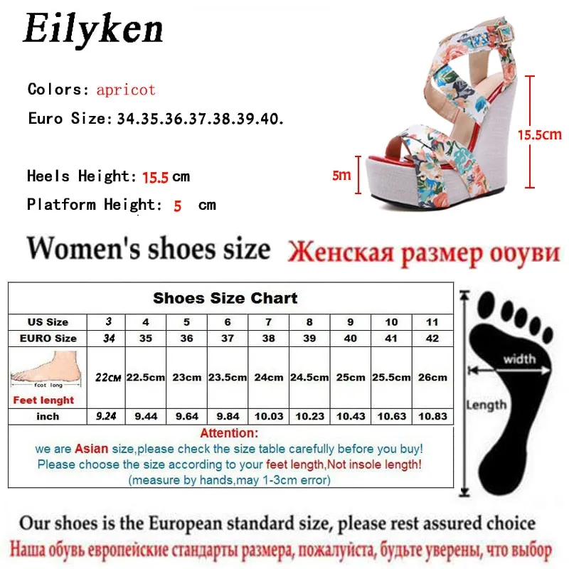Eilyken Summer Fashion Peep Toe Solid Platform Women Designer Silk Print Flower Fabric High Heels Wedges Sandals Shoes