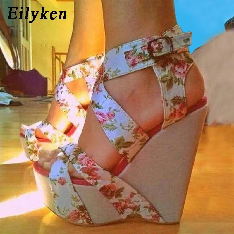 Eilyken Summer Fashion Peep Toe Solid Platform Women Designer Silk Print Flower Fabric High Heels Wedges Sandals Shoes