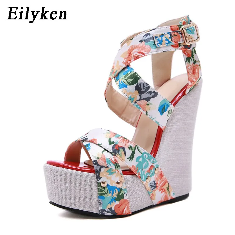Eilyken Summer Fashion Peep Toe Solid Platform Women Designer Silk Print Flower Fabric High Heels Wedges Sandals Shoes