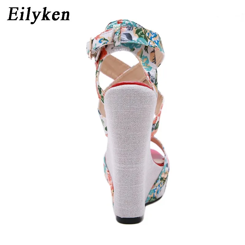 Eilyken Summer Fashion Peep Toe Solid Platform Women Designer Silk Print Flower Fabric High Heels Wedges Sandals Shoes