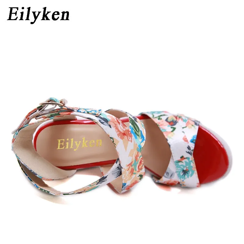 Eilyken Summer Fashion Peep Toe Solid Platform Women Designer Silk Print Flower Fabric High Heels Wedges Sandals Shoes
