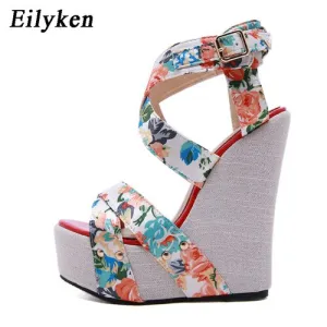 Eilyken Summer Fashion Peep Toe Solid Platform Women Designer Silk Print Flower Fabric High Heels Wedges Sandals Shoes