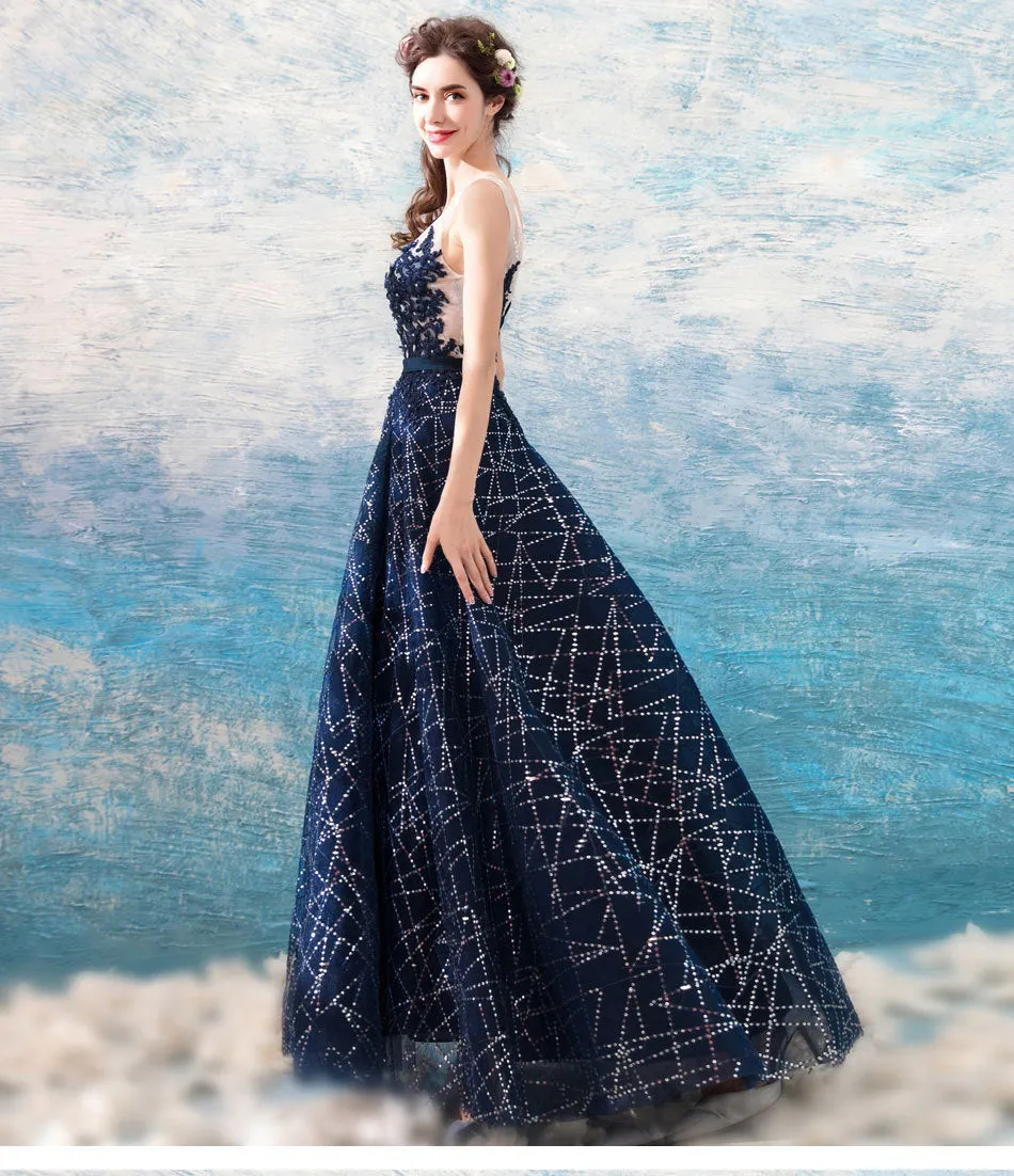 Fancy Blue A-Line Sleeveless Open Back Long Prom Dress, Evening Dress SHK006
