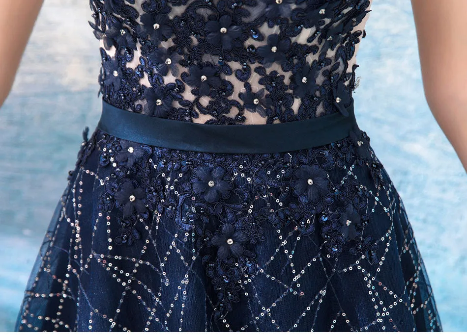 Fancy Blue A-Line Sleeveless Open Back Long Prom Dress, Evening Dress SHK006