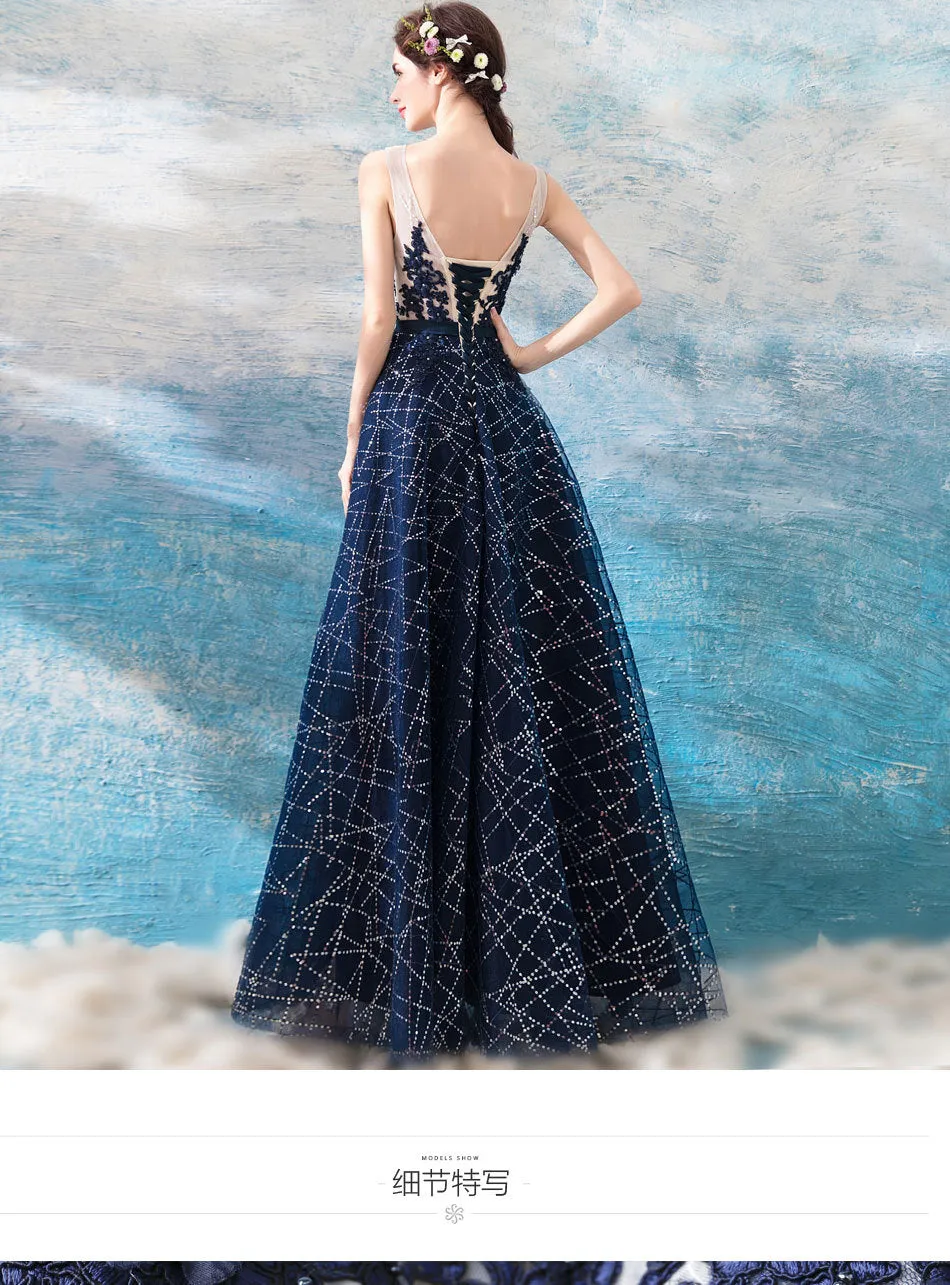 Fancy Blue A-Line Sleeveless Open Back Long Prom Dress, Evening Dress SHK006