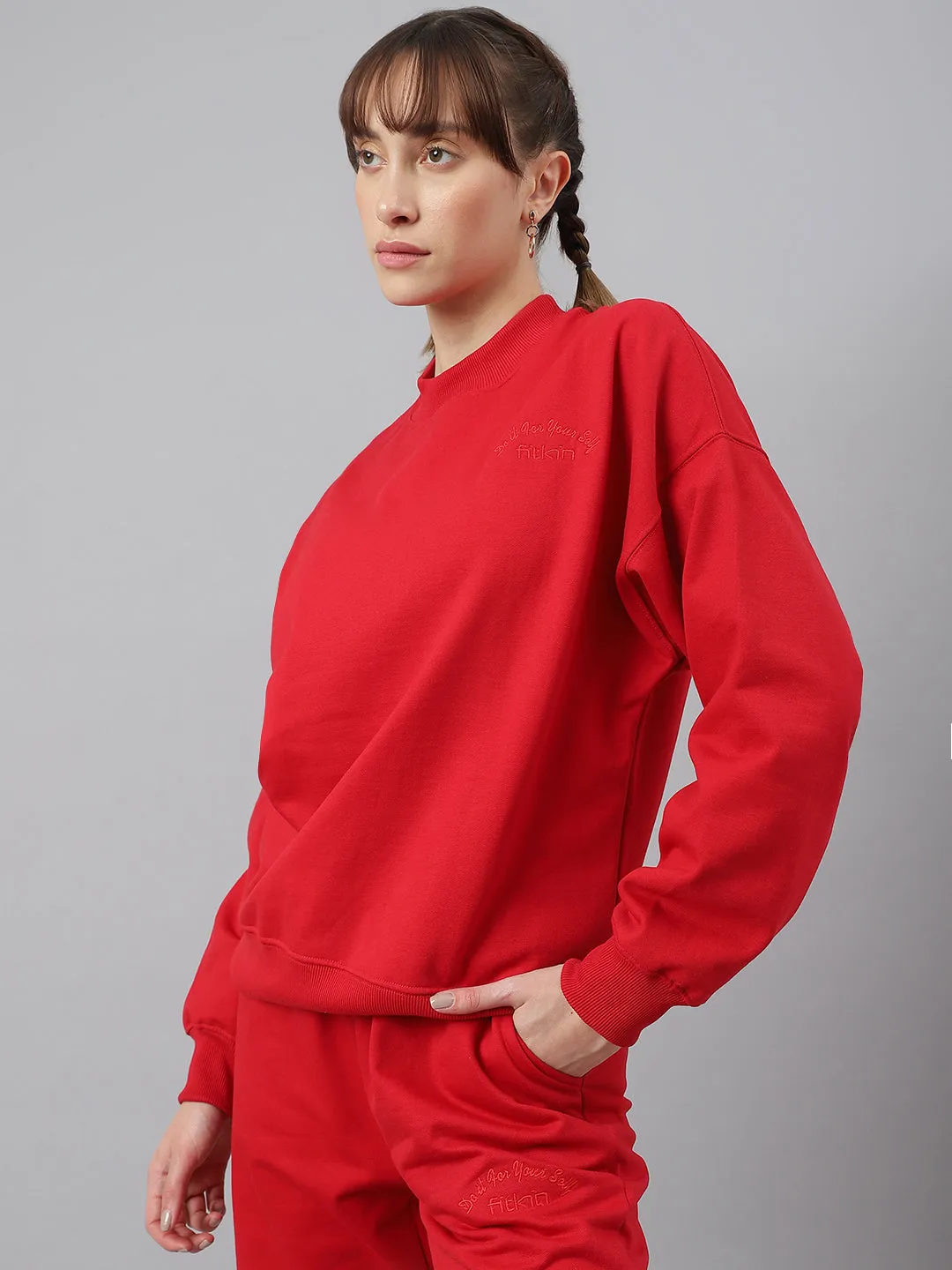 Fitkin Women Red Crew Neck Regular Fit Sweatshirt