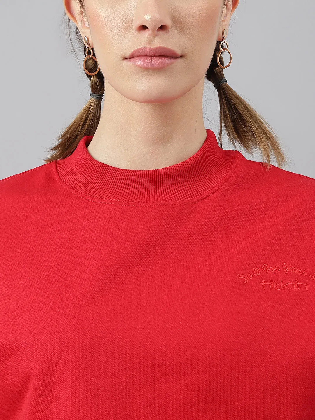 Fitkin Women Red Crew Neck Regular Fit Sweatshirt