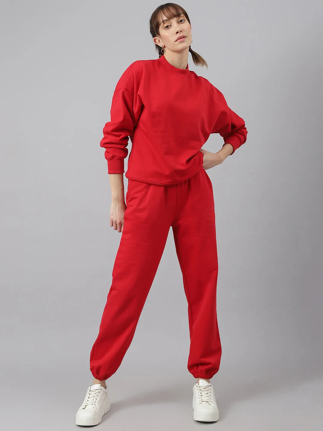 Fitkin Women Red Crew Neck Regular Fit Sweatshirt