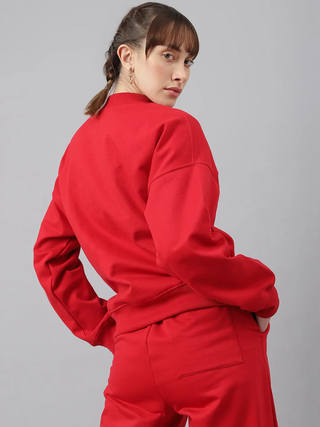 Fitkin Women Red Crew Neck Regular Fit Sweatshirt