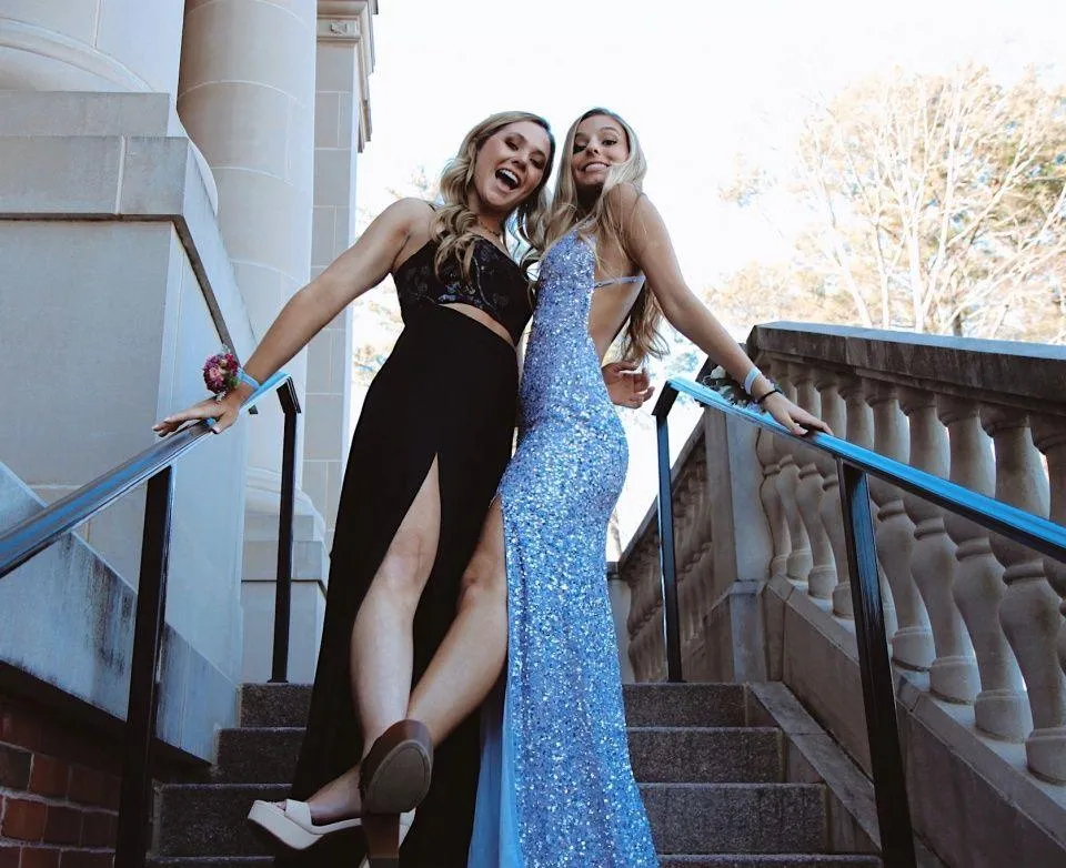 Glitter Mermaid V Neck Cross Back Blue Sequin Prom Dresses with Slit TP1099