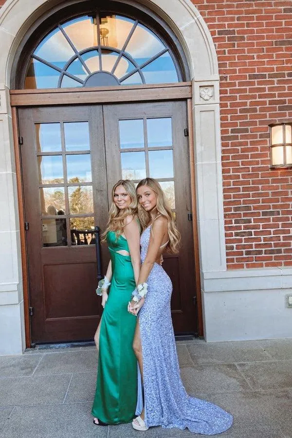 Glitter Mermaid V Neck Cross Back Blue Sequin Prom Dresses with Slit TP1099