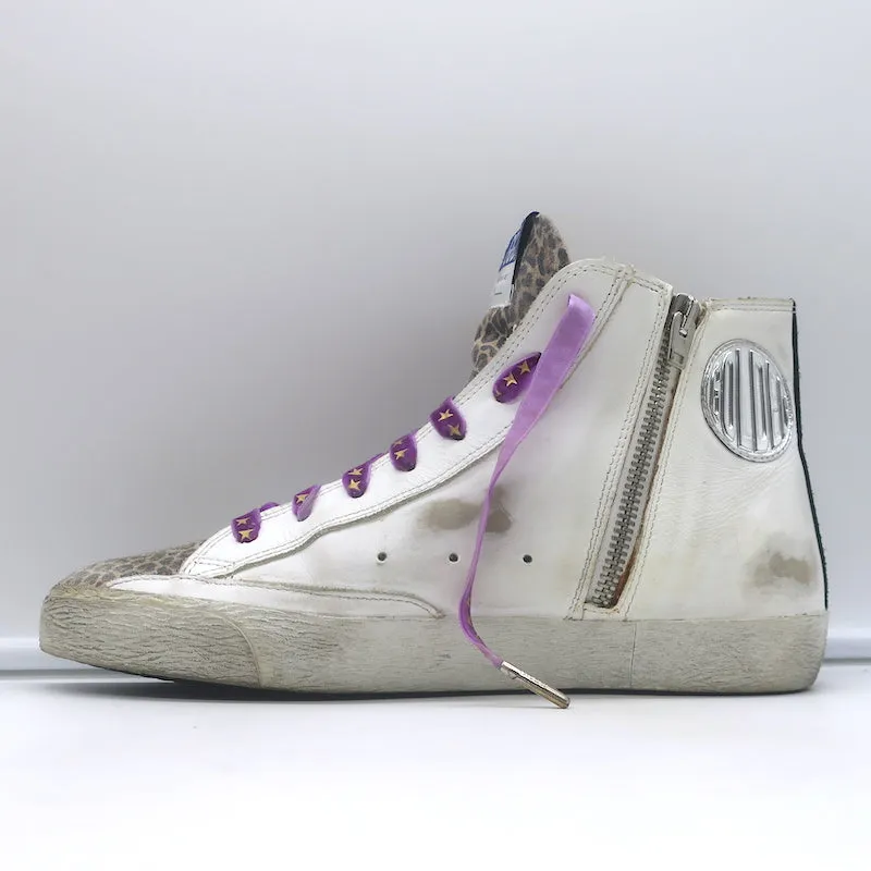 Golden Goose Francy High Top Sneaker White Leather & Leopard Print Suede Size 38