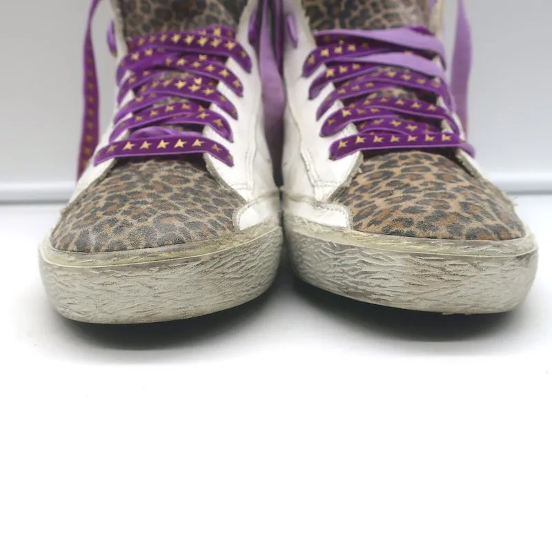 Golden Goose Francy High Top Sneaker White Leather & Leopard Print Suede Size 38