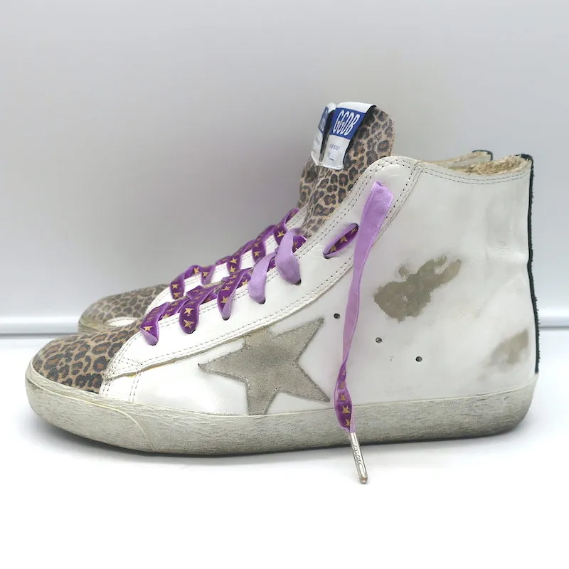 Golden Goose Francy High Top Sneaker White Leather & Leopard Print Suede Size 38