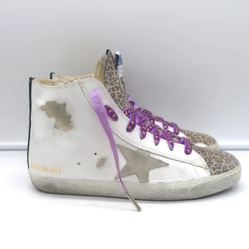Golden Goose Francy High Top Sneaker White Leather & Leopard Print Suede Size 38
