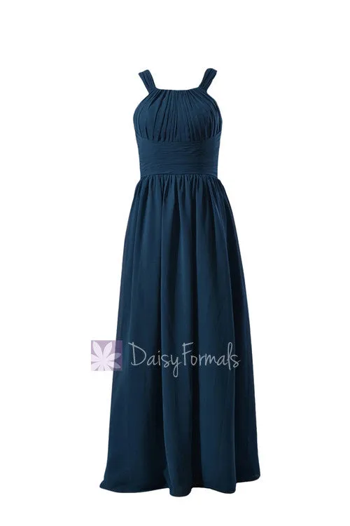 Gracious Full Length Bridesmaid Dress Peacock Blue Chiffon Dress W/Straps(BM9823)