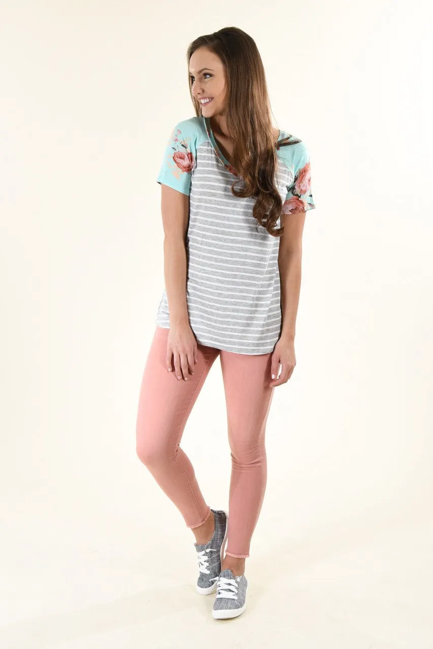 Grey & Mint Floral Sleeve Top