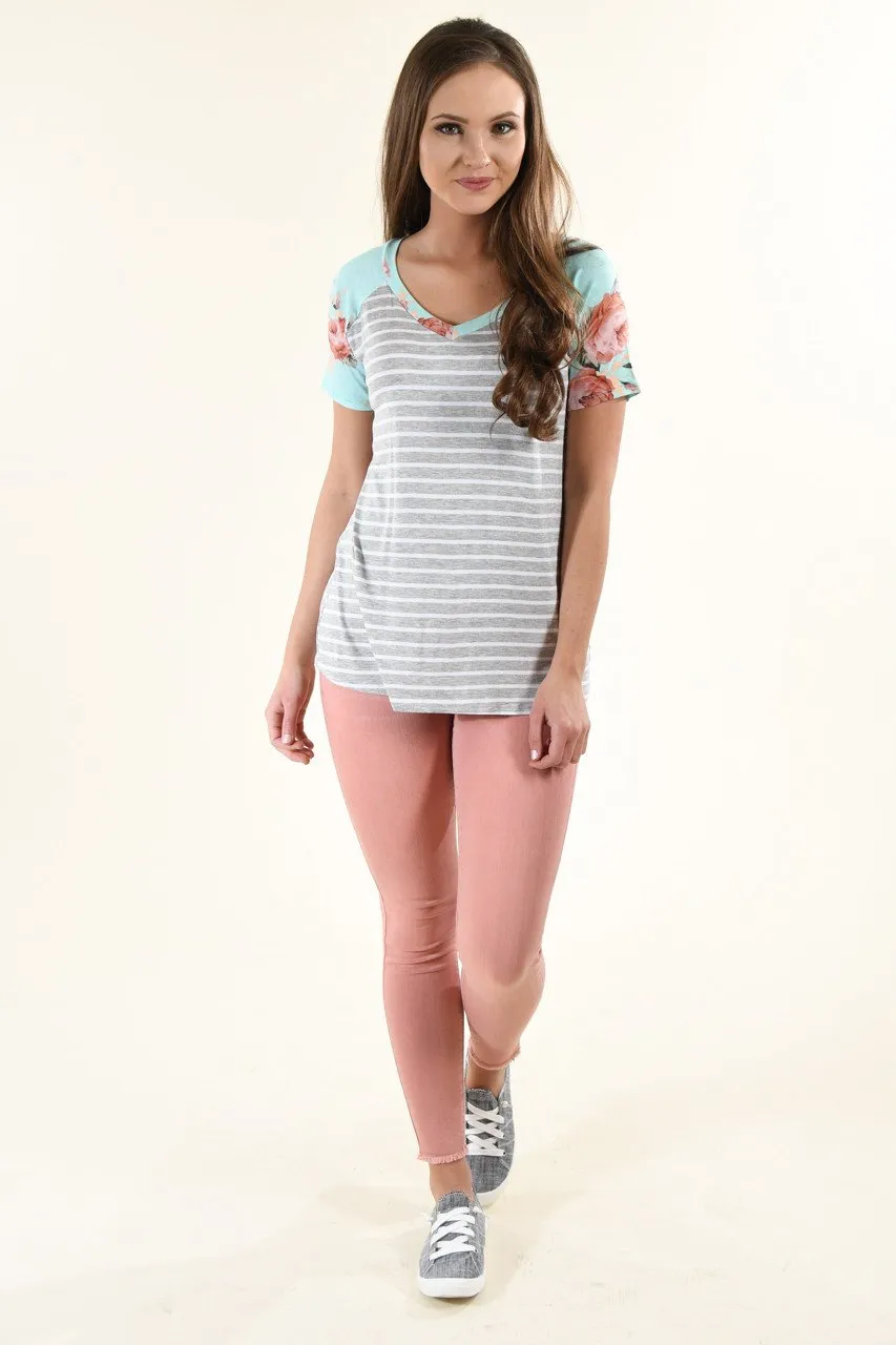 Grey & Mint Floral Sleeve Top