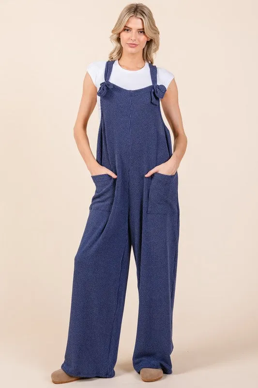 Hazel Blues® |  BOMBOM Knot Straps Wide Leg Ribbed Overalls with Pockets