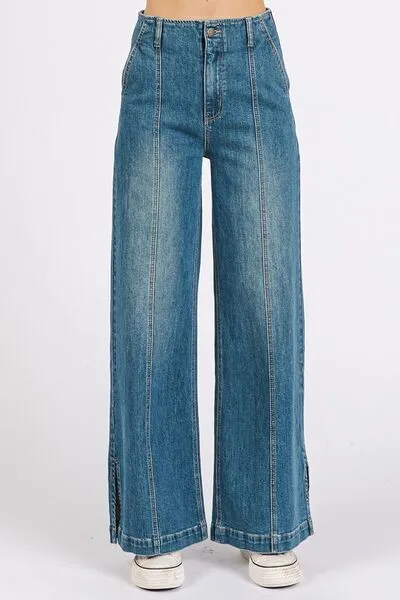Hazel Blues® |  Mittoshop Medium Wash Seam Detail Wide Leg Denim Jeans