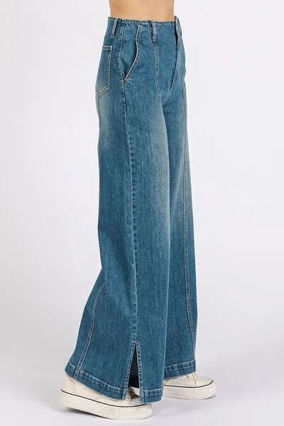 Hazel Blues® |  Mittoshop Medium Wash Seam Detail Wide Leg Denim Jeans