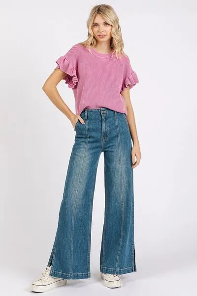 Hazel Blues® |  Mittoshop Medium Wash Seam Detail Wide Leg Denim Jeans