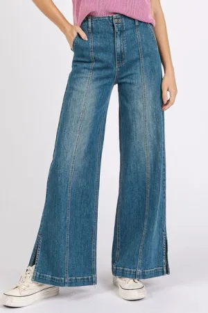 Hazel Blues® |  Mittoshop Medium Wash Seam Detail Wide Leg Denim Jeans
