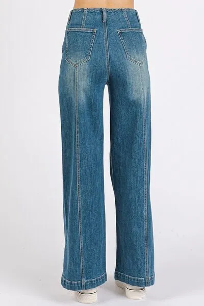 Hazel Blues® |  Mittoshop Medium Wash Seam Detail Wide Leg Denim Jeans