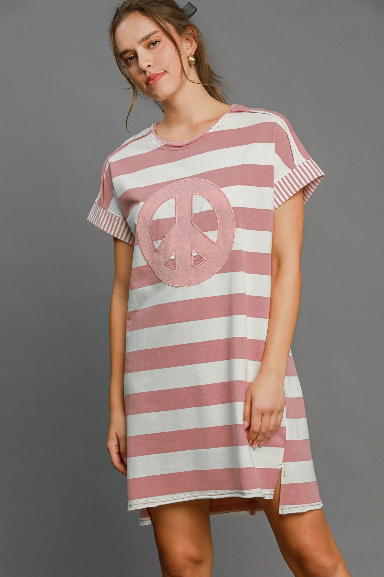 Hazel Blues® |  Umgee Peace Applique Striped Short Sleeve Mini Dress