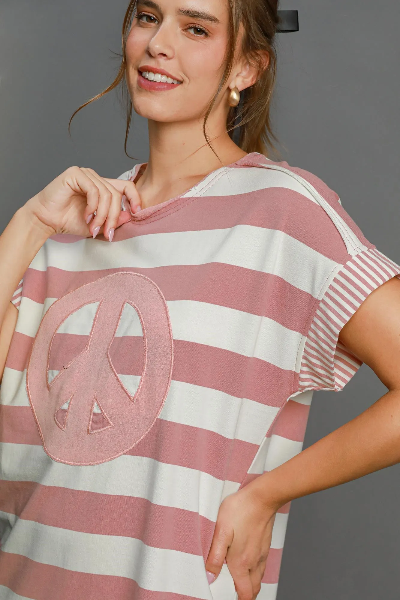 Hazel Blues® |  Umgee Peace Applique Striped Short Sleeve Mini Dress