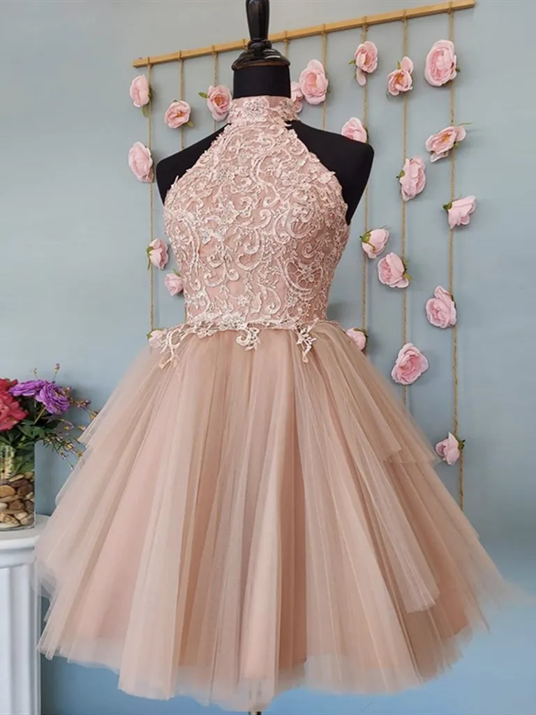 High Neck Pink Lace Top Prom Dress Short Pink Formal Homecoming Dress OKY29