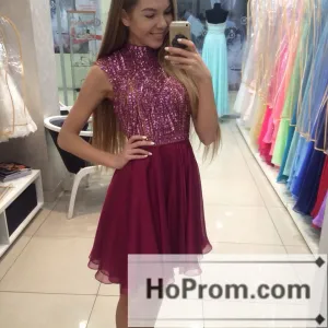 High Neck Sequins Purple Prom Dresses Homecoming Dresses