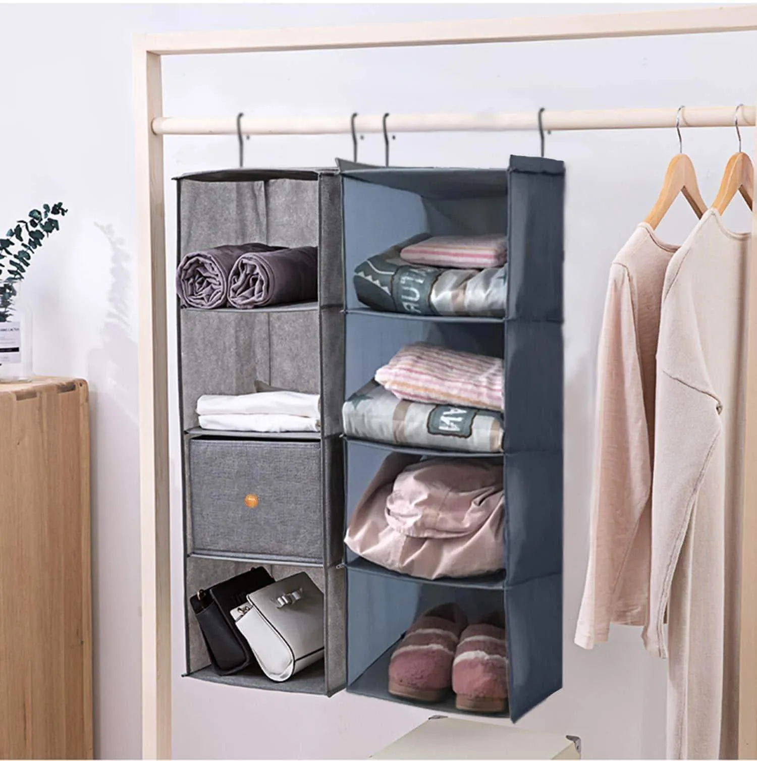 IsHealthy Hanging Closet Organizer and Storage 4-Shelf, Easy Mount Foldable Hanging Closet Wardrobe Storage Shelves, Clothes Handbag Shoes Accessories Storage, Washable Oxford Cloth Fabric, Gray