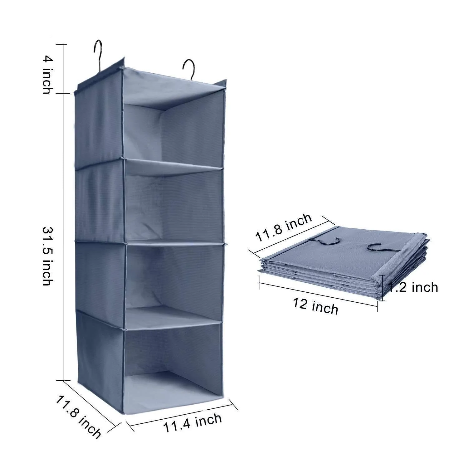IsHealthy Hanging Closet Organizer and Storage 4-Shelf, Easy Mount Foldable Hanging Closet Wardrobe Storage Shelves, Clothes Handbag Shoes Accessories Storage, Washable Oxford Cloth Fabric, Gray