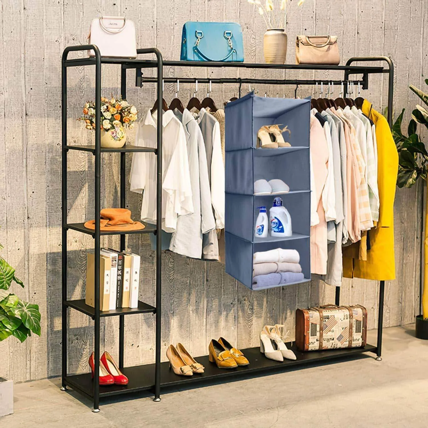 IsHealthy Hanging Closet Organizer and Storage 4-Shelf, Easy Mount Foldable Hanging Closet Wardrobe Storage Shelves, Clothes Handbag Shoes Accessories Storage, Washable Oxford Cloth Fabric, Gray