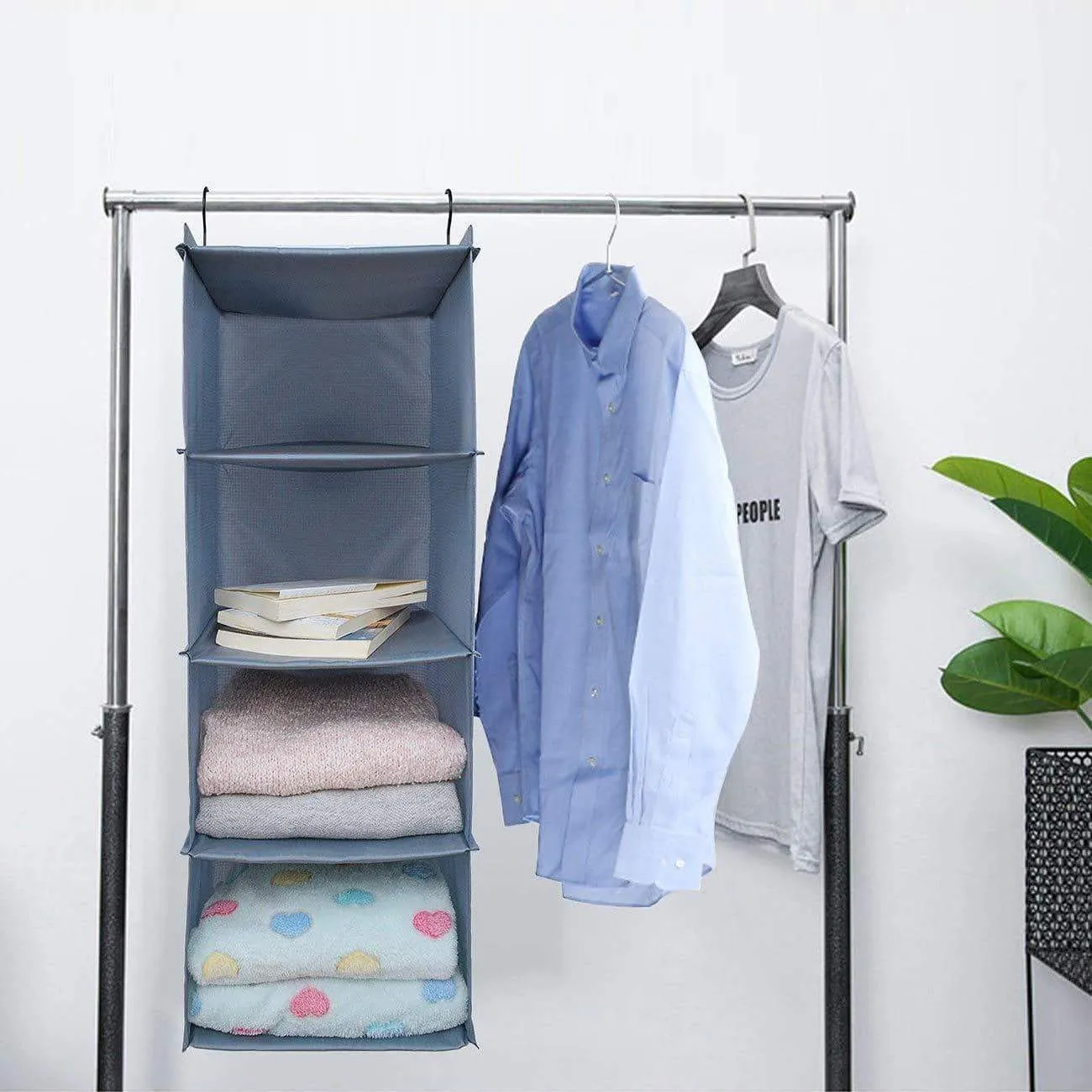 IsHealthy Hanging Closet Organizer and Storage 4-Shelf, Easy Mount Foldable Hanging Closet Wardrobe Storage Shelves, Clothes Handbag Shoes Accessories Storage, Washable Oxford Cloth Fabric, Gray