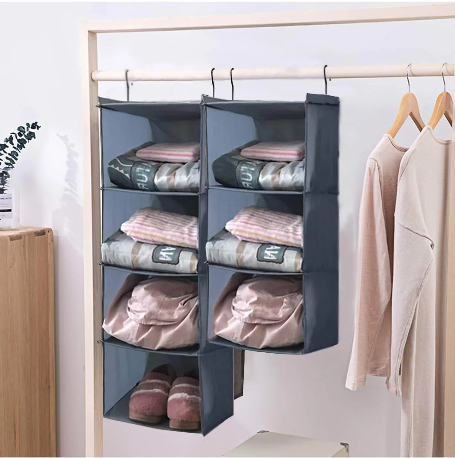 IsHealthy Hanging Closet Organizer and Storage 4-Shelf, Easy Mount Foldable Hanging Closet Wardrobe Storage Shelves, Clothes Handbag Shoes Accessories Storage, Washable Oxford Cloth Fabric, Gray